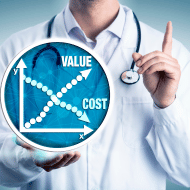 Doctor showing a graph with value going up and cost going down