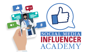 Social Media Influencer Academy banner showing a phone with a doctor on it, surrounded by social media bubbles and the title, Social Media Influencer Academy
